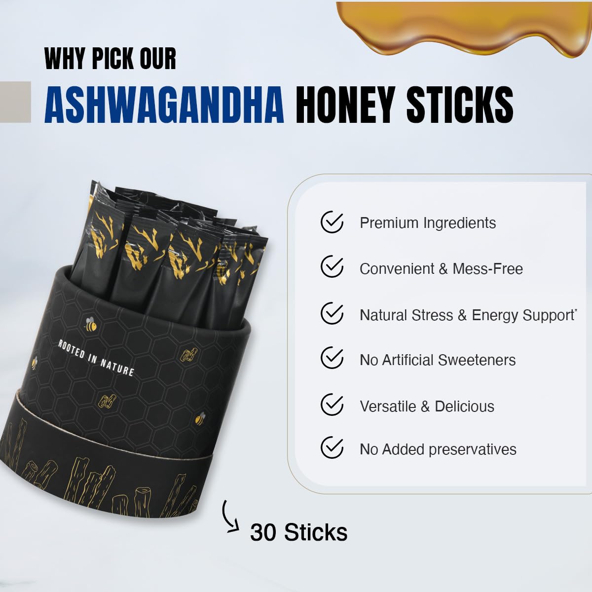 Bargad KSM-66 Ashwagandha Honey Sticks 400MG – Premium Organic Honey Infused with Adaptogenic Ashwagandha, Helps Promote Relaxation & Focus, Boosts Energy & Vitality, No Artificial Additives – 30 Count
