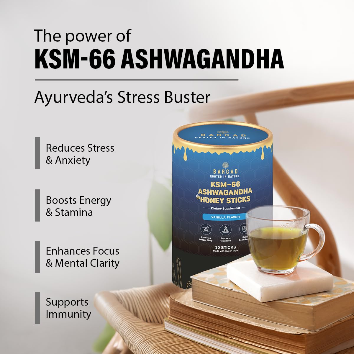 Bargad KSM-66 Ashwagandha Honey Sticks 400MG – Premium Organic Honey Infused with Adaptogenic Ashwagandha, Helps Promote Relaxation & Focus, Boosts Energy & Vitality, No Artificial Additives – 30 Count