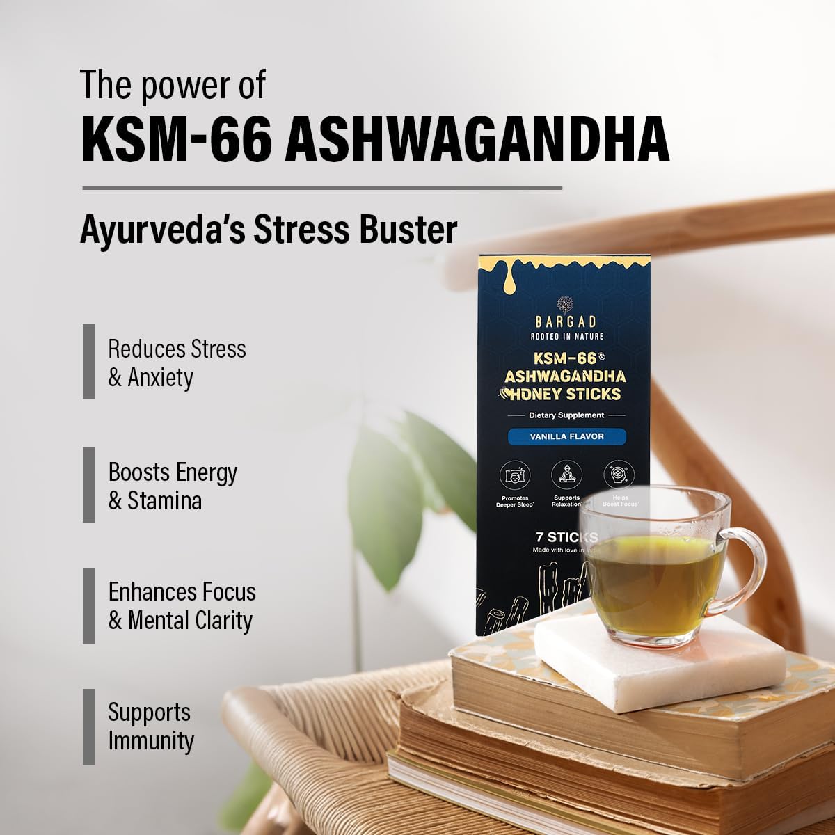 KSM-66 Ashwagandha Honey Sticks – Premium Organic Honey Infused with Adaptogenic Ashwagandha, Helps Promote Relaxation & Focus, Boosts Energy & Vitality, No Artificial Additives – 7 Count