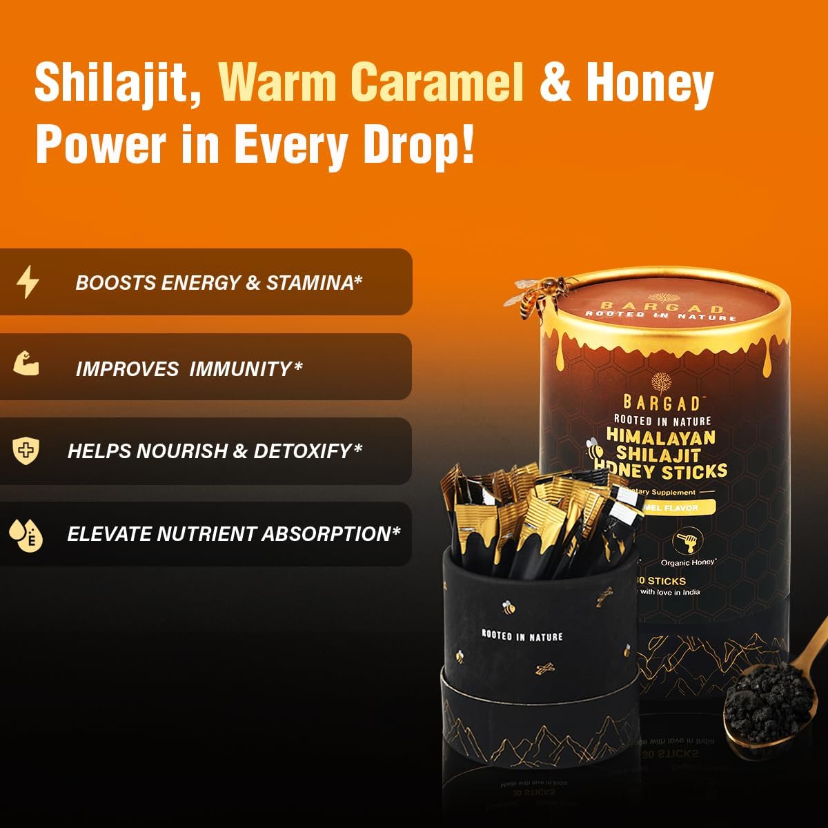Pure Himalayan Shilajit Sticks with Organic Honey & Caramel (30 Count) | Easy Single Use Shilajit Sticks | Boosts Energy & Immunity with 85+ Trace Minerals, 75%+ Fulvic Acid