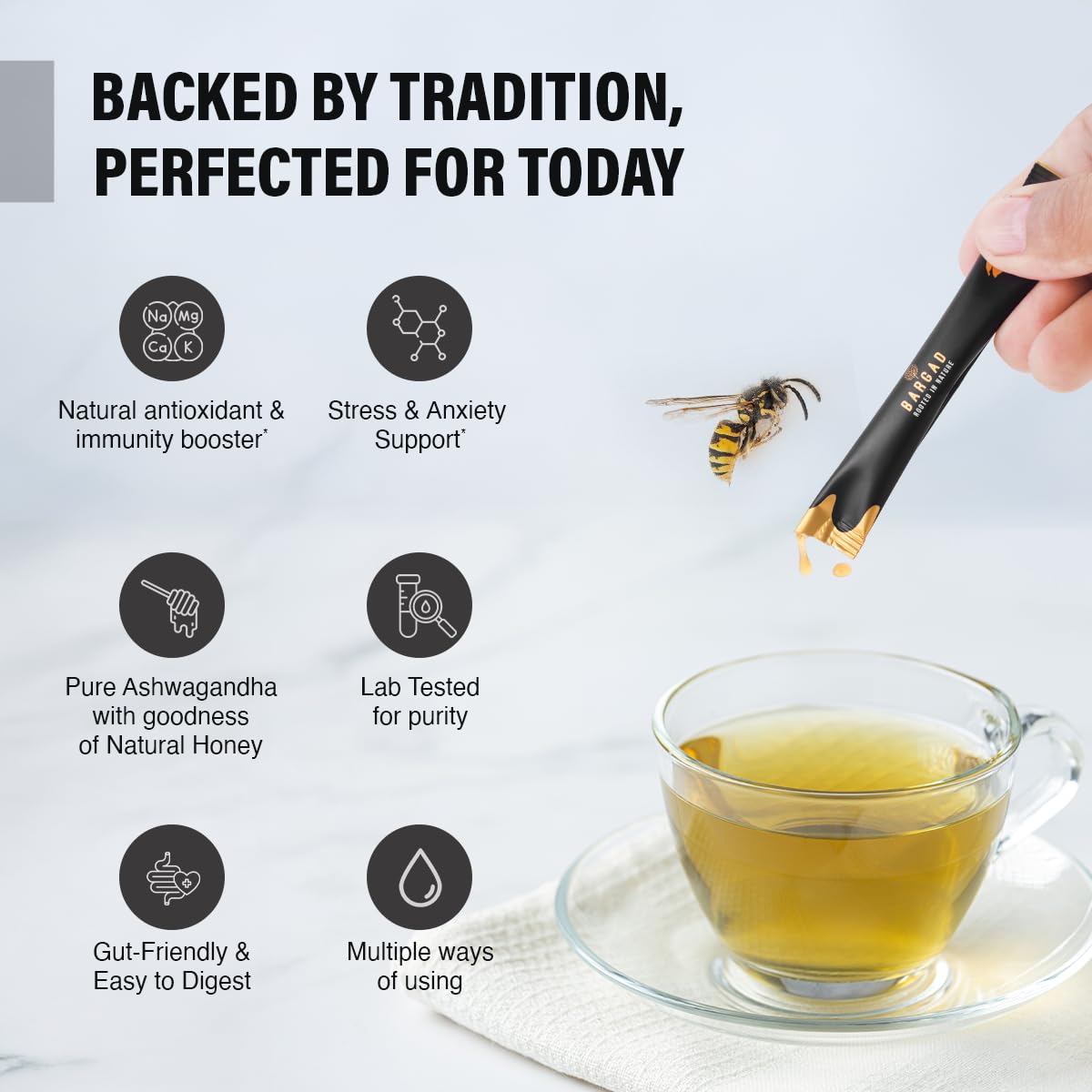 Bargad KSM-66 Ashwagandha Honey Sticks 400MG – Premium Organic Honey Infused with Adaptogenic Ashwagandha, Helps Promote Relaxation & Focus, Boosts Energy & Vitality, No Artificial Additives – 30 Count