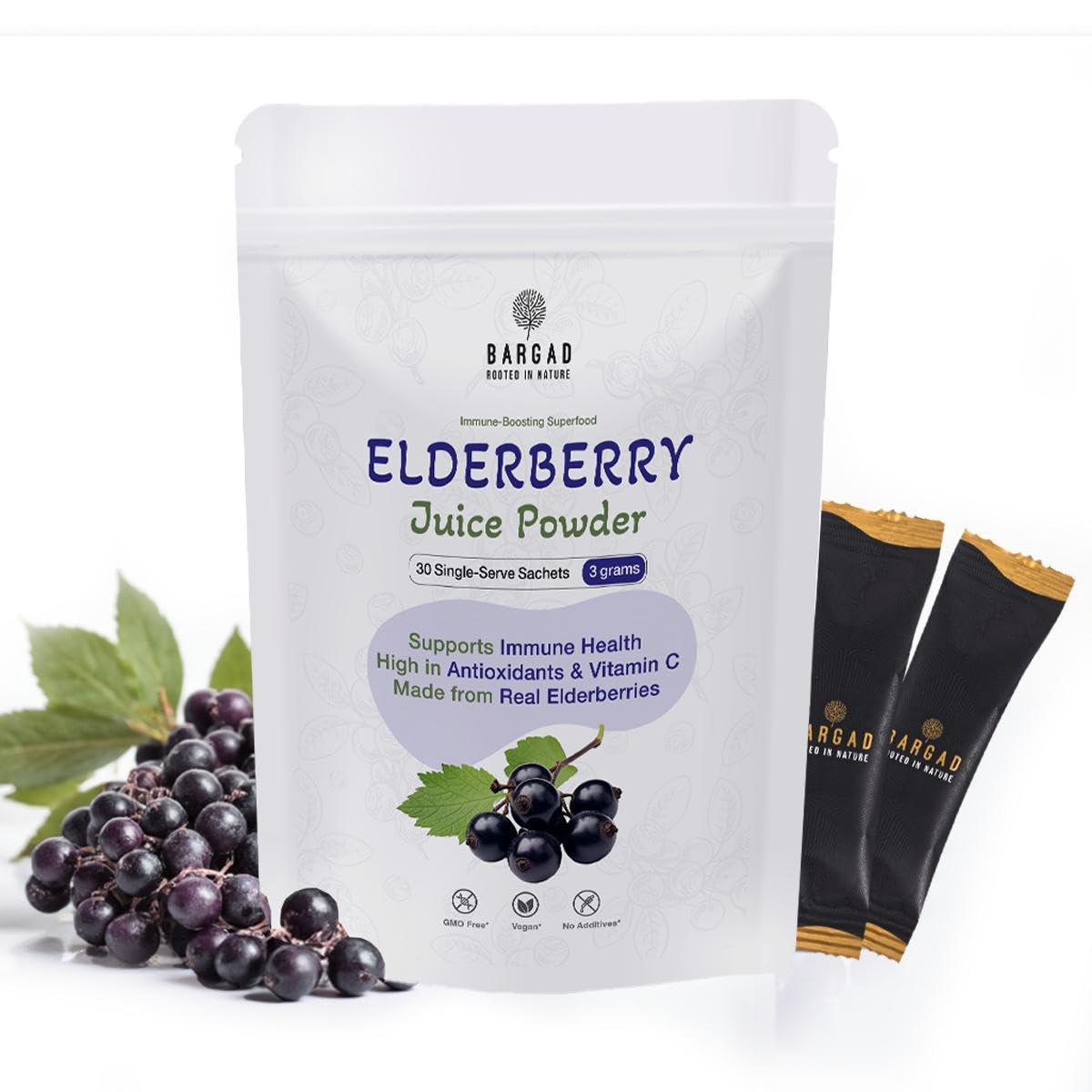 Bargad Elderberry Juice Powder – 30 Single-Serve Sachets | Immune Support, 100% Natural | Pure Sambucus Nigra Extract | Vegan, Non-GMO, Gluten-Free | No Sugar Added | Convenient Travel Packs