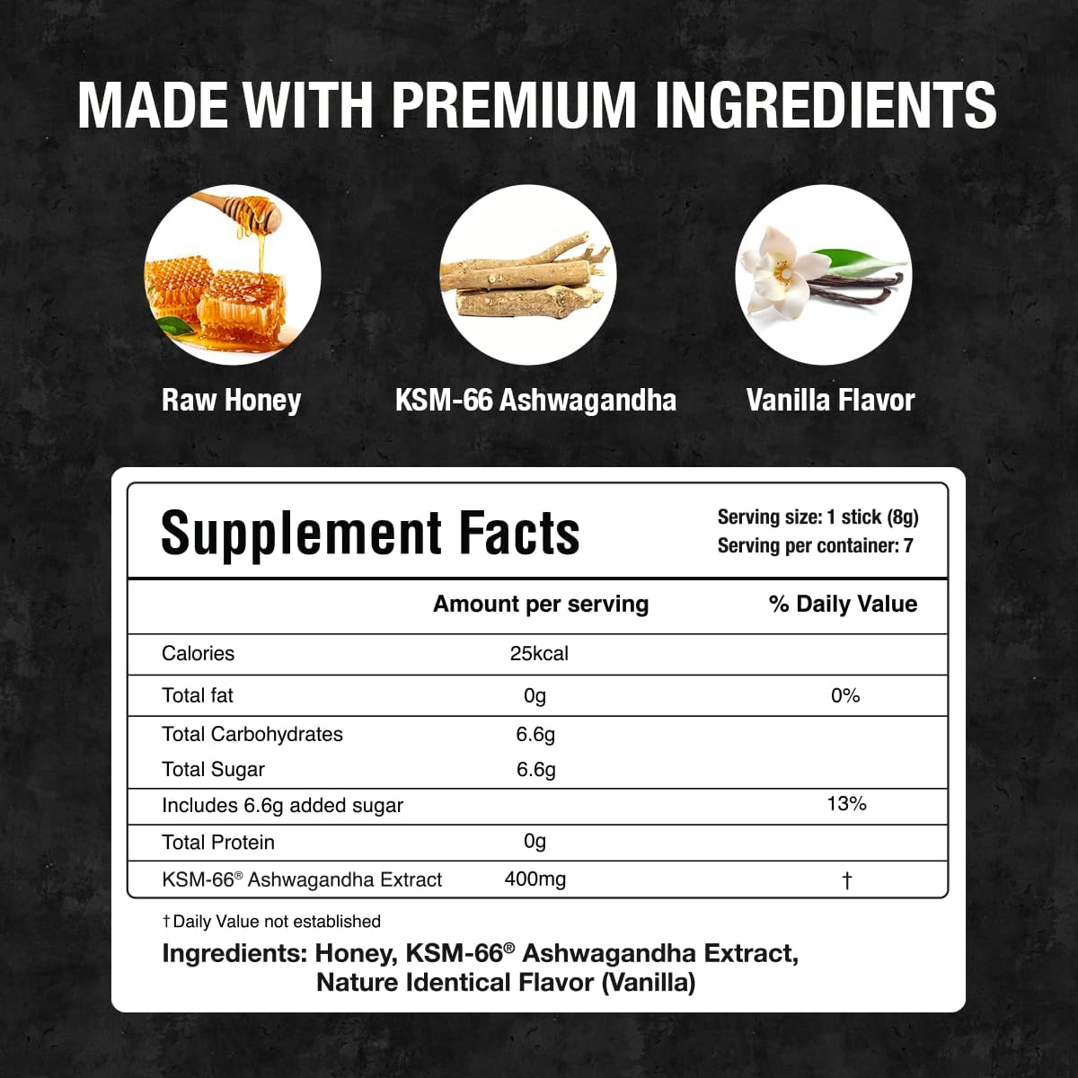 KSM-66 Ashwagandha Honey Sticks – Premium Organic Honey Infused with Adaptogenic Ashwagandha, Helps Promote Relaxation & Focus, Boosts Energy & Vitality, No Artificial Additives – 7 Count