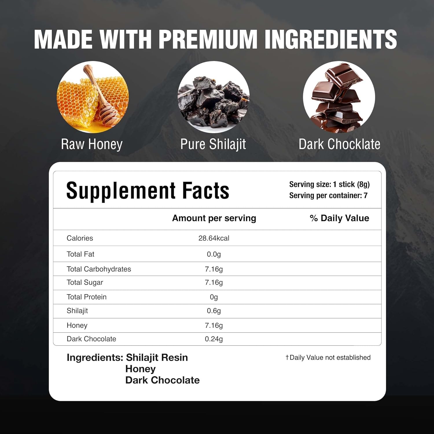 Pure Himalayan Shilajit Sticks with Organic Honey & Dark Chocolate – 7 Count | Easy Single-Use Energy Sticks | Rich in Fulvic Acid 75%+ & 85+ Trace Minerals