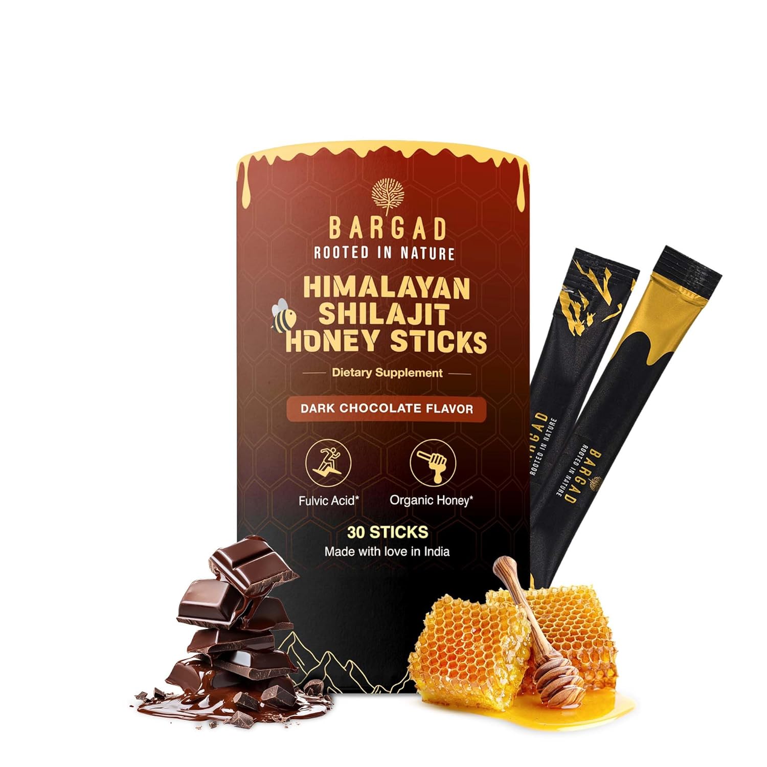 Pure Himalayan Shilajit Sticks with Organic Honey & Dark Chocolate – 30 Count | Easy Single-Use Energy Sticks | Rich in Fulvic Acid 75%+ & 85+ Trace Minerals | Supports Immunity & Vitality
