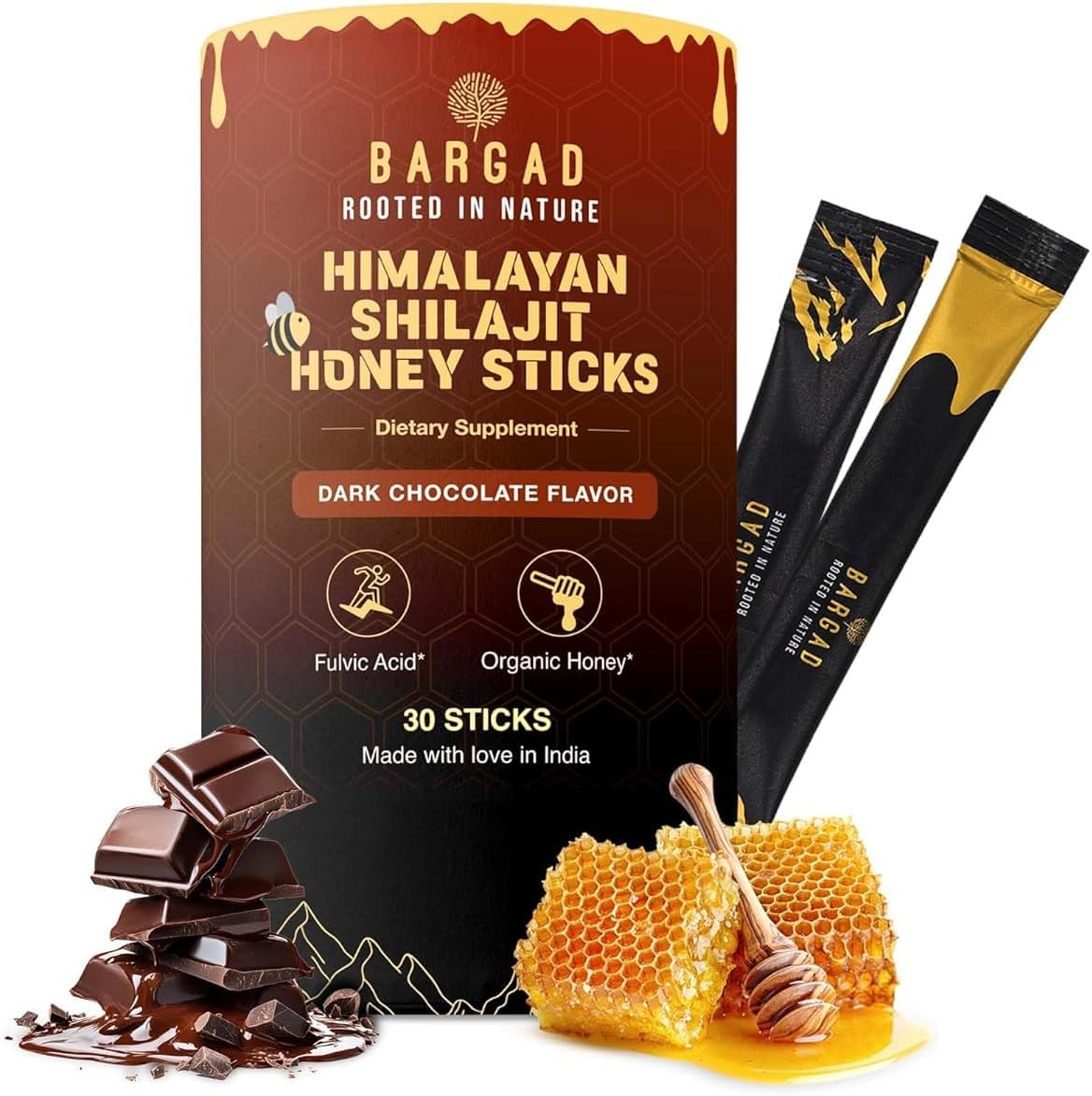 Pure Himalayan Shilajit Sticks with Organic Honey & Dark Chocolate – 7 Count | Easy Single-Use Energy Sticks | Rich in Fulvic Acid 75%+ & 85+ Trace Minerals