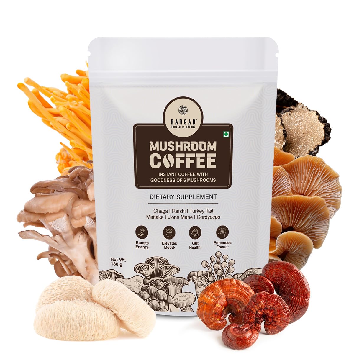 BARGAD Mushroom Coffee | 6 Adaptogen Mushrooms | Premium Instant Coffee With benefits of Lion's Mane, Chaga & Turkey Tail for Better Focus, Immune support, Energy, Digestion & Skin | 30 Servings