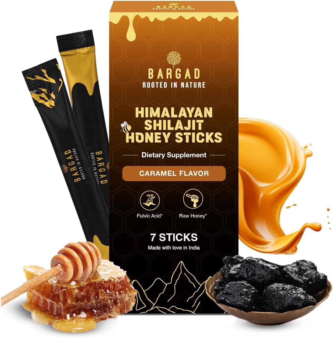 Pure Himalayan Shilajit Sticks with Organic Honey & Caramel (7 Count) | Easy Single Use Shilajit Sticks | Boosts Energy & Immunity with 85+ Trace Minerals, 75%+ Fulvic Acid