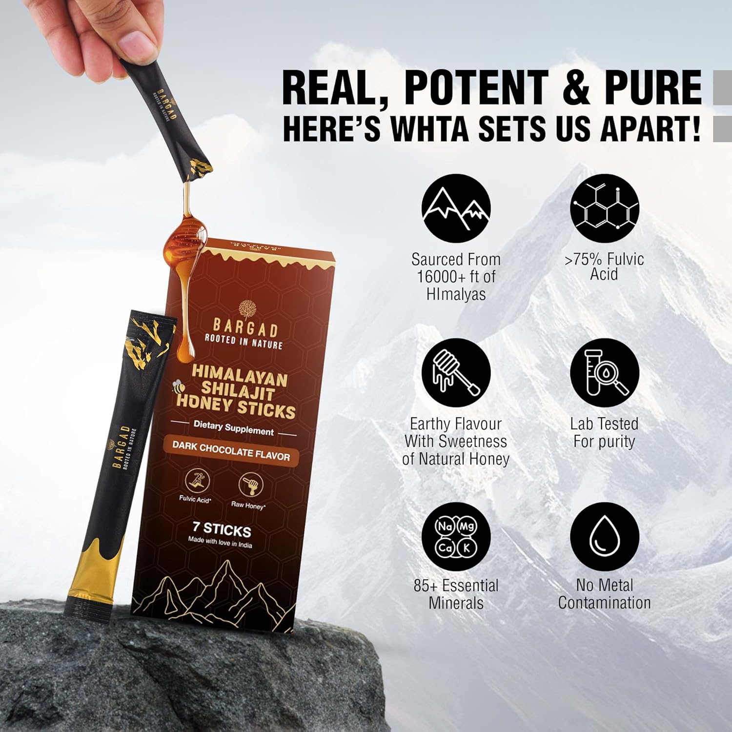 Pure Himalayan Shilajit Sticks with Organic Honey & Dark Chocolate – 7 Count | Easy Single-Use Energy Sticks | Rich in Fulvic Acid 75%+ & 85+ Trace Minerals