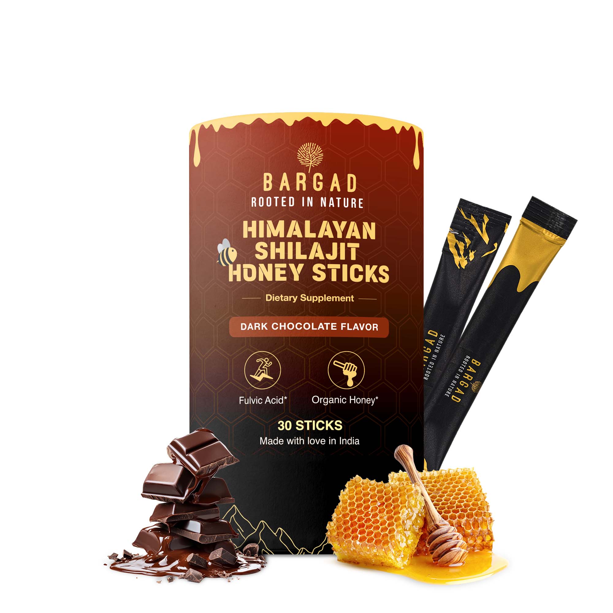 Pure Himalayan Shilajit Sticks with Organic Honey & Dark Chocolate – 30 Count