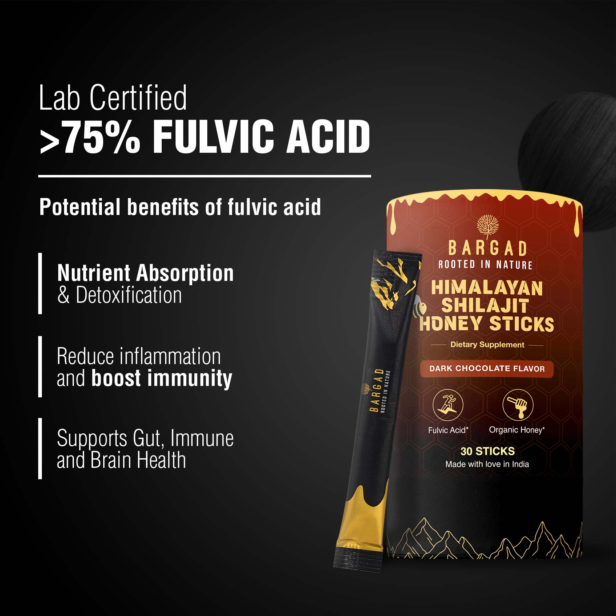 Pure Himalayan Shilajit Sticks with Organic Honey & Dark Chocolate – 30 Count