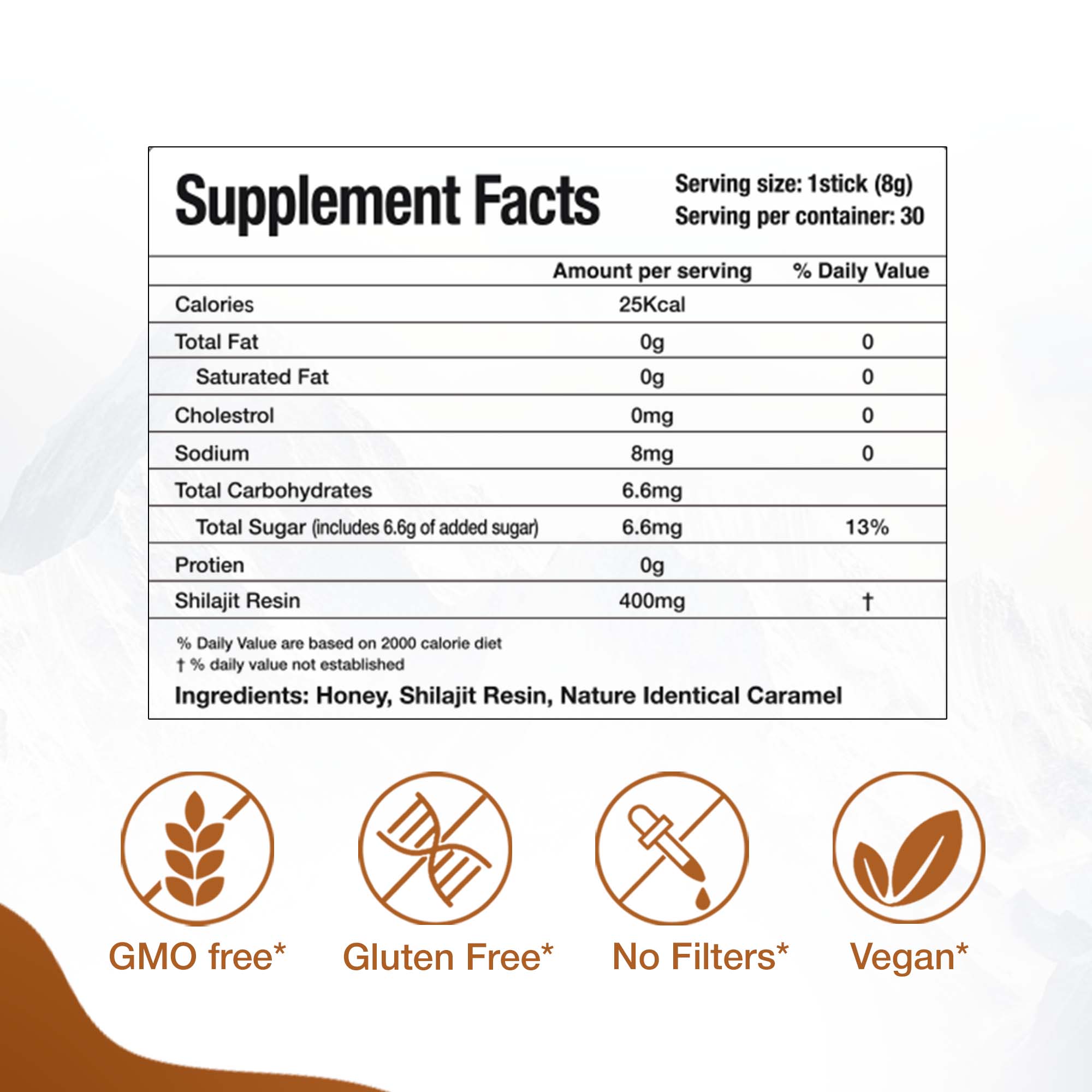 Pure Himalayan Shilajit Sticks with Organic Honey & Caramel (30 Count)