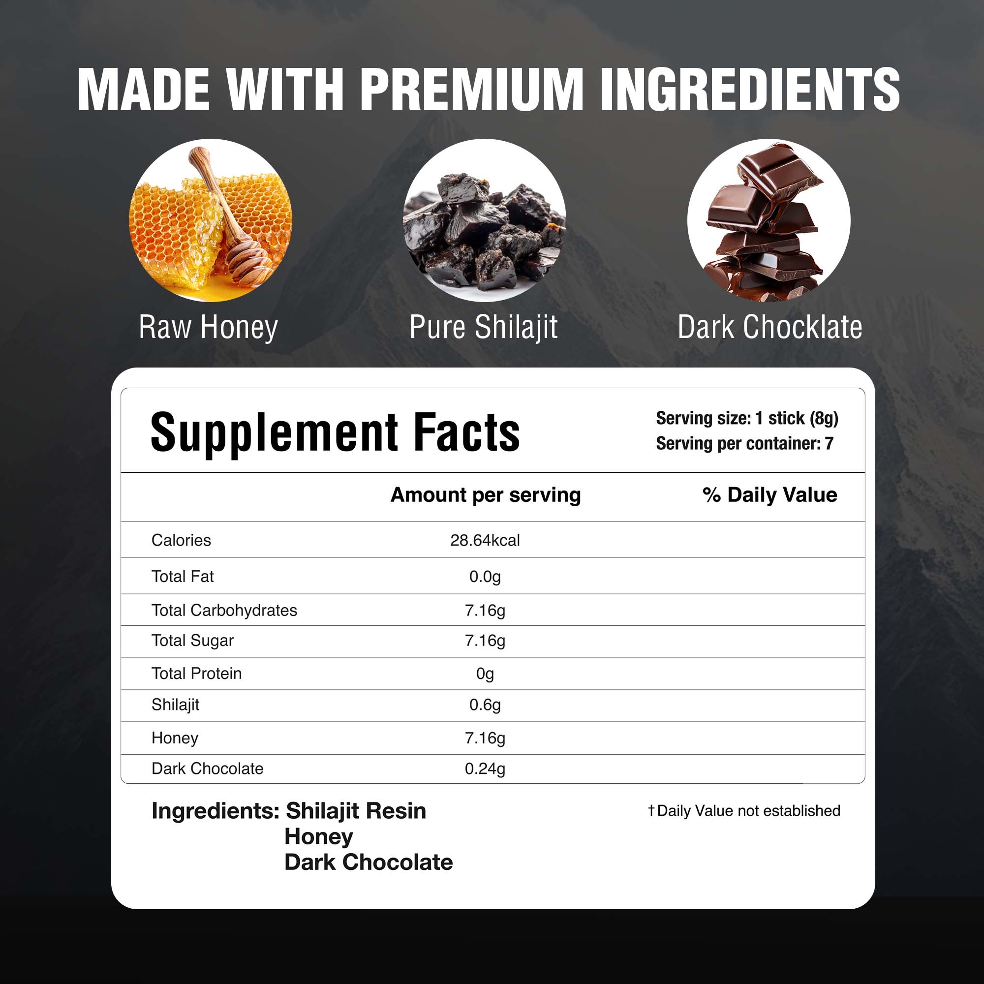 Pure Himalayan Shilajit Sticks with Organic Honey & Dark Chocolate – 30 Count